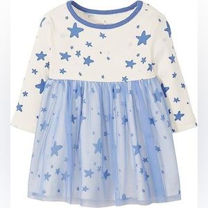 Moon and Back Nwot Girl’s Long Sleeve Blue/Cream Star Print Tulle Dress 
Size 2T